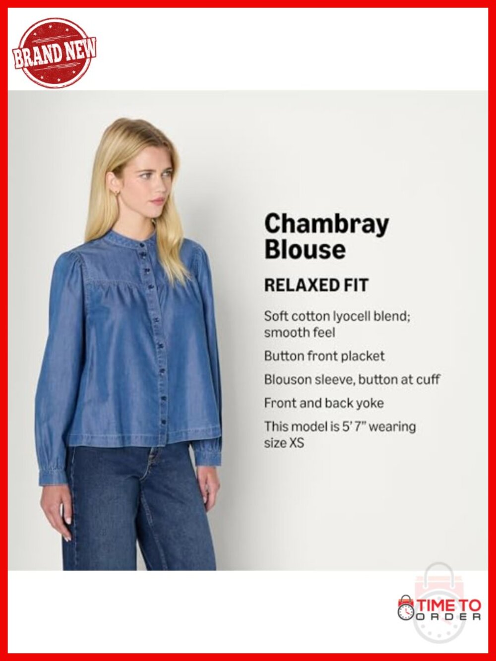 Women's Relaxed-Fit Denim Button-Front Chambray Blouse Tunic - Picture 3 of 6